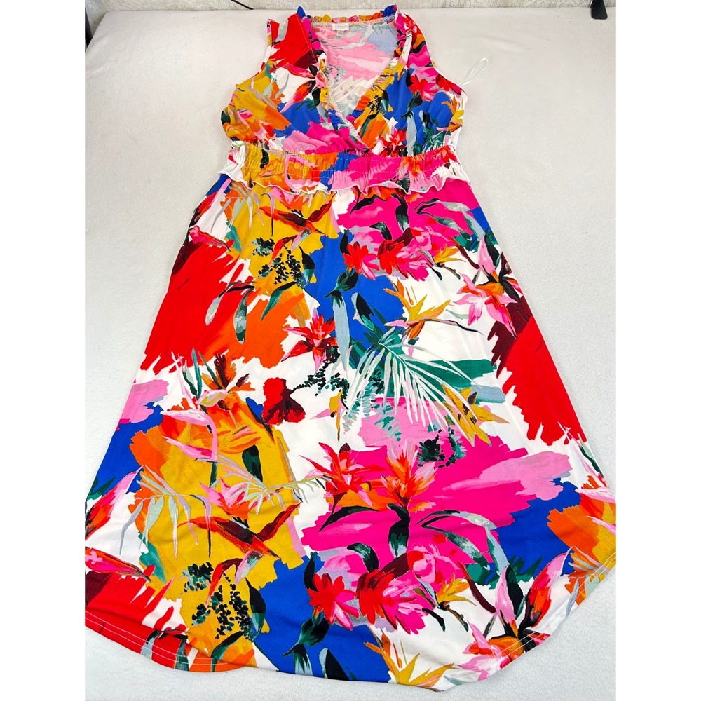 Cupio Midi Dress Womens Large Multicolor Tropical Flora Sleeveless Summer V-Neck